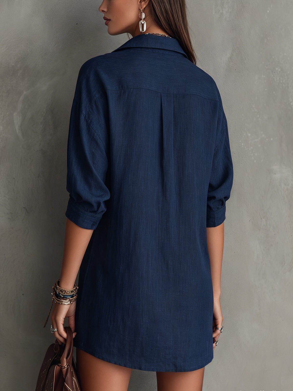 Navy Embroidered V-Neck Shirt Mini Dress
