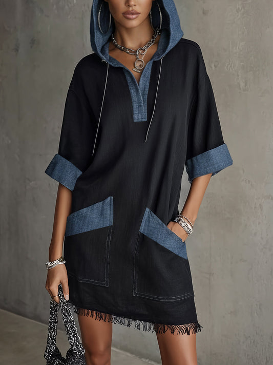 Black Contrast Hooded Fringe Hem Mini Dress