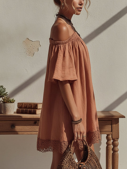 Pink Off Shoulder Linen Blend Mini Dress