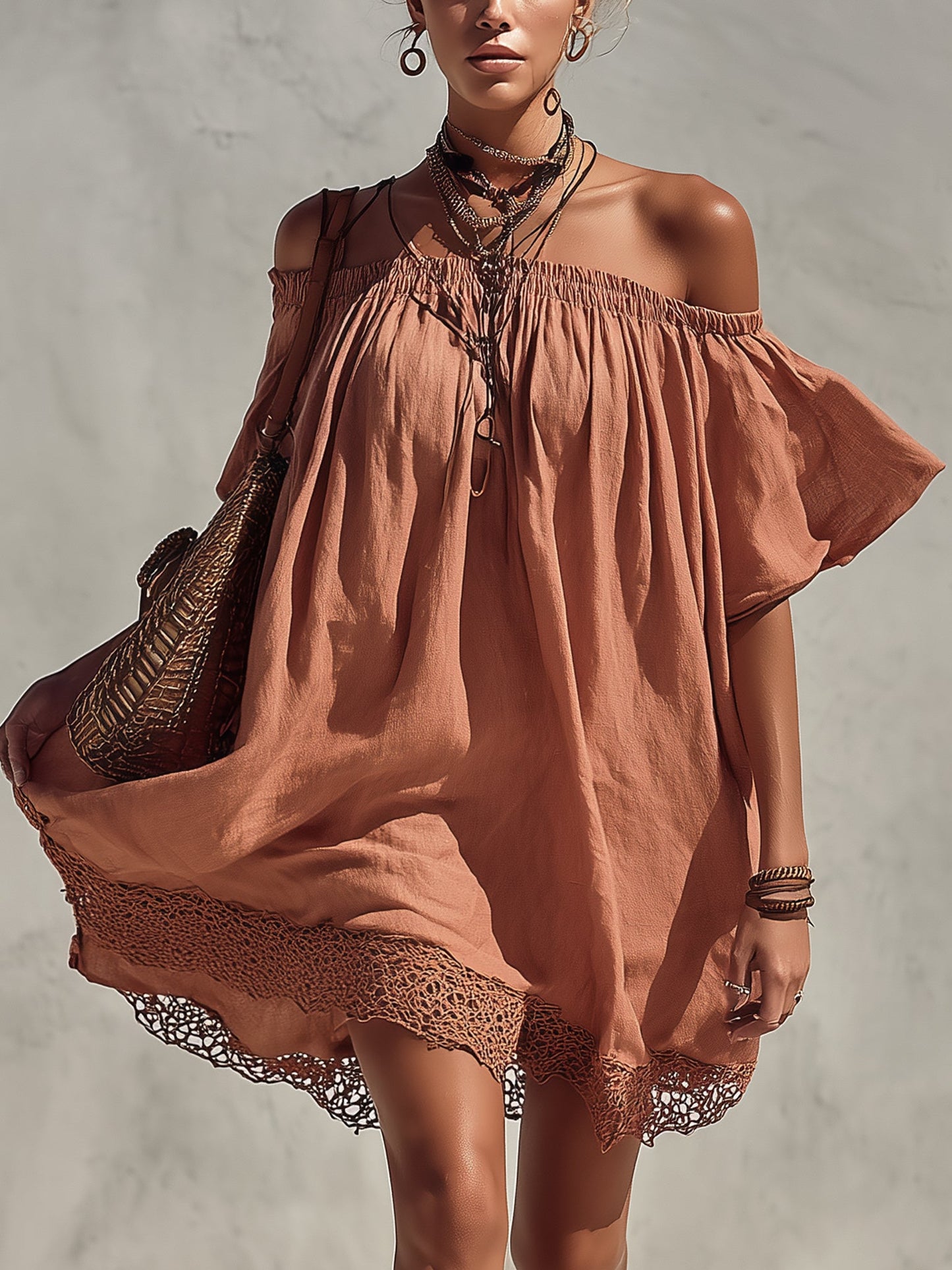Pink Off Shoulder Linen Blend Mini Dress