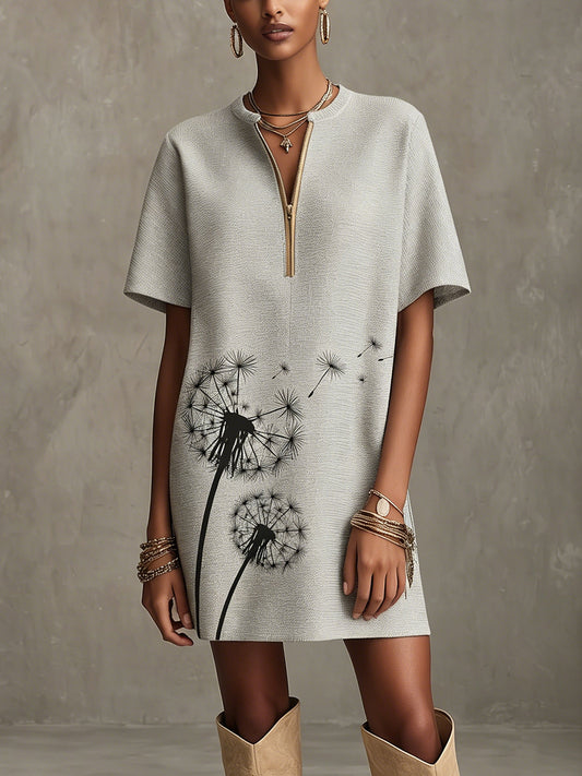 Gray Textured Short Sleeve Mini Dress with Dandelion Print and Zip Front