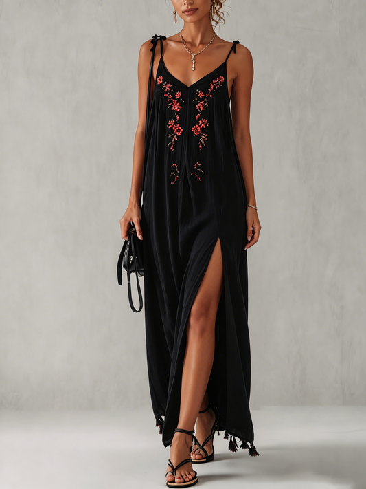 Black Cotton Linen Maxi Dress With Vintage Floral Embroidery