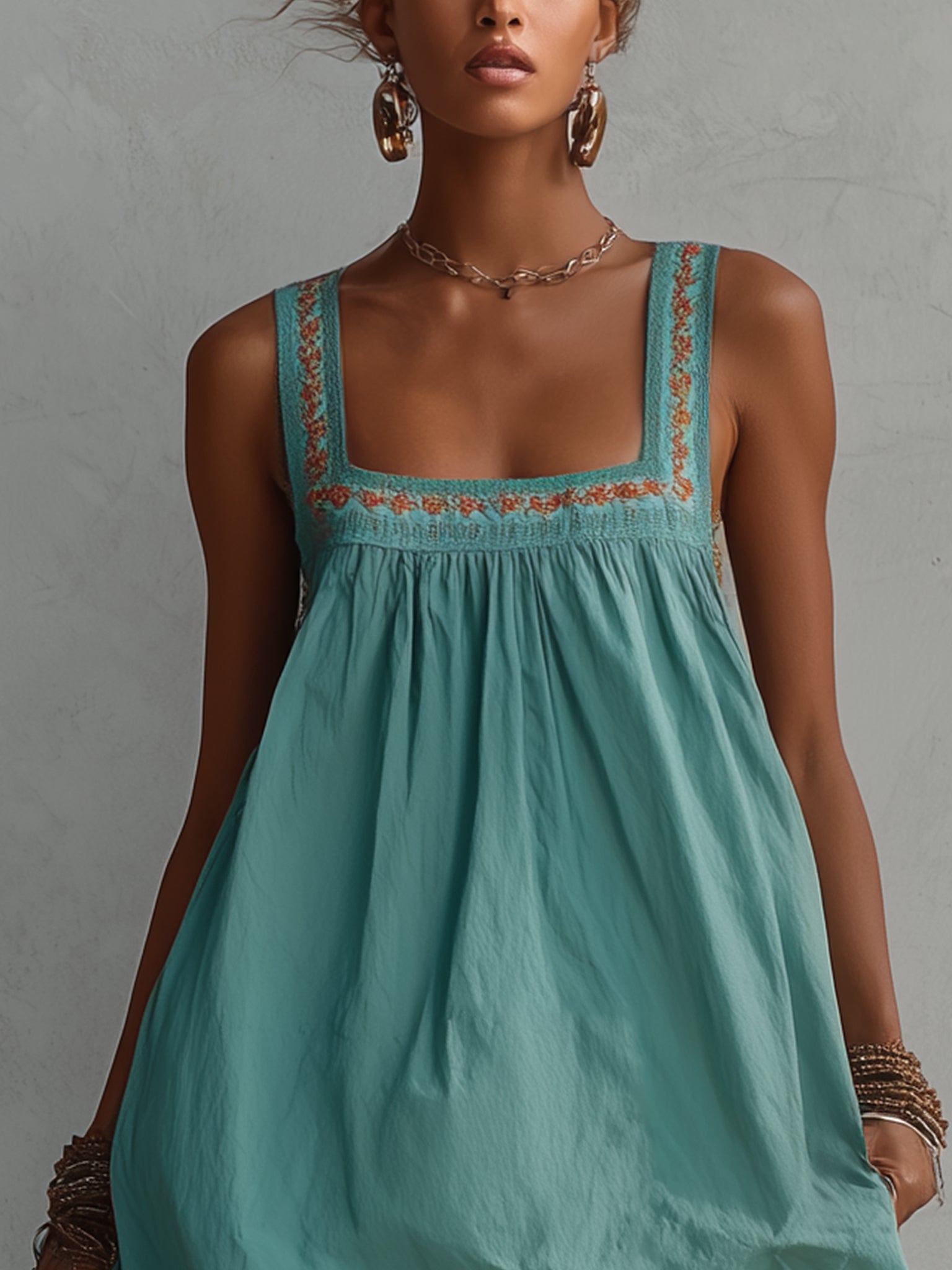 Aqua Cotton Embroidered Mini Dress