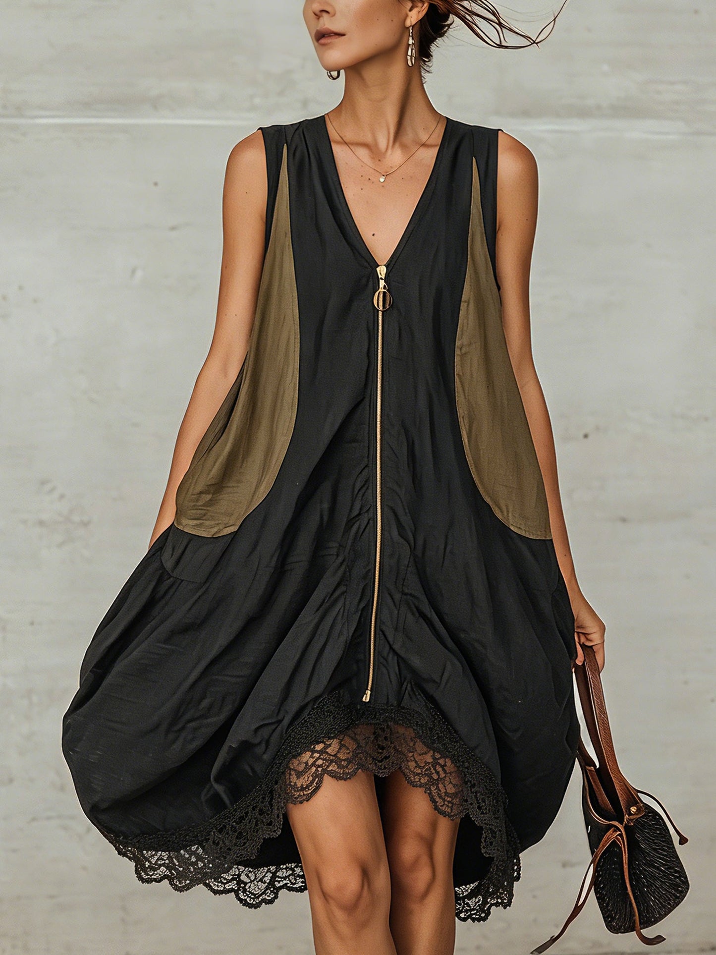Black Linen Blend Colorblock Mini Dress