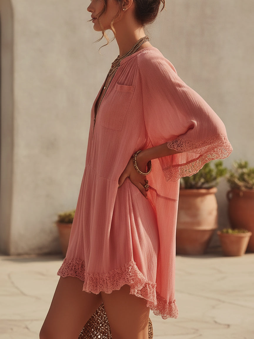 Pink Chiffon Ruffled Zip Mini Dress