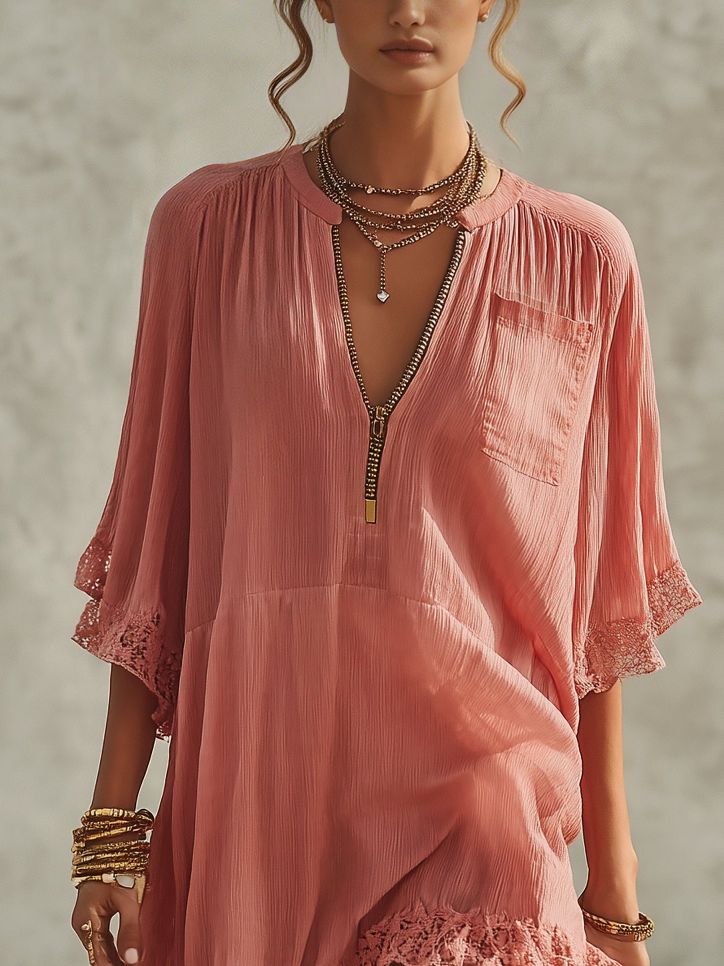 Pink Chiffon Ruffled Zip Mini Dress