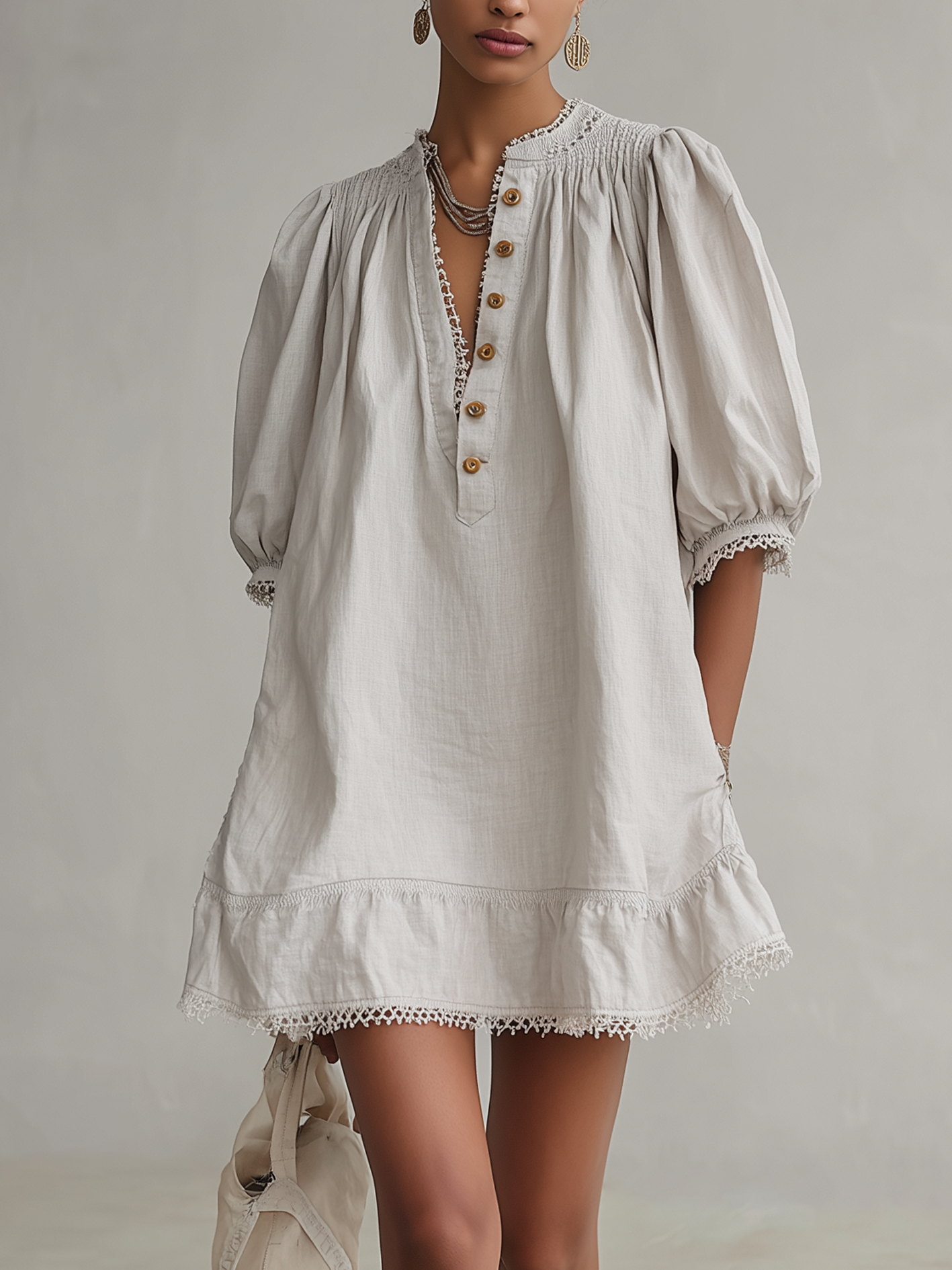 Light Gray Cotton Lace Trim Puff Sleeve Mini Dress