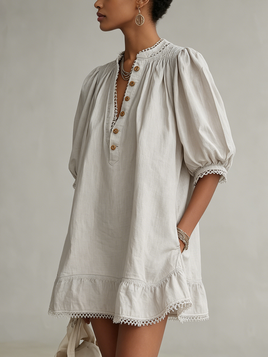 Light Gray Cotton Lace Trim Puff Sleeve Mini Dress