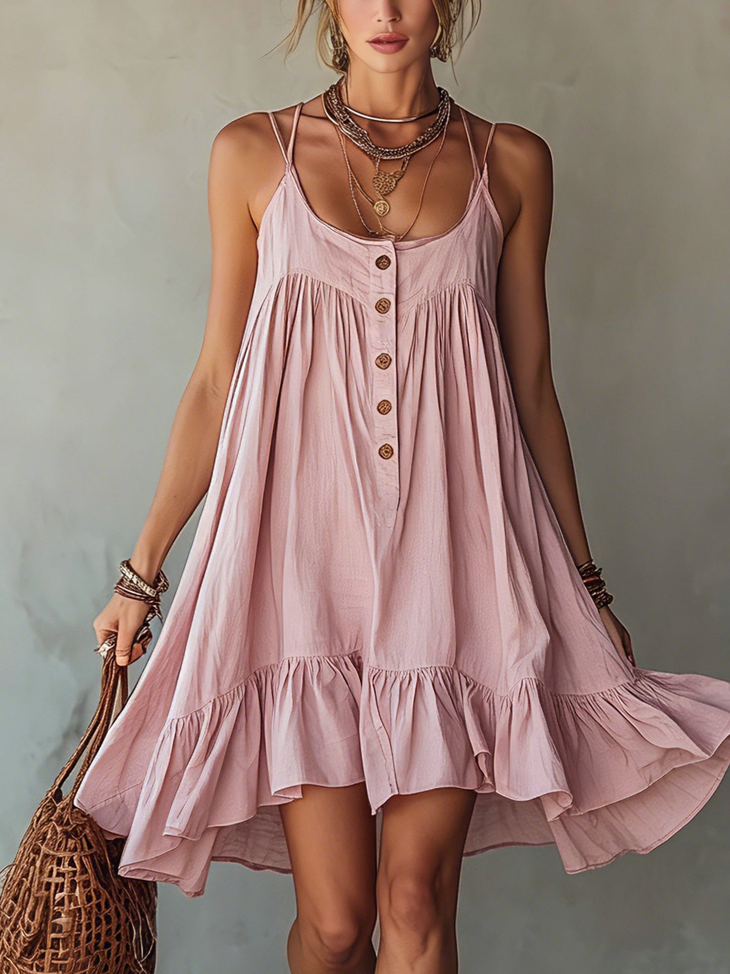 Pink Double Strap Cotton Linen Mini Dress
