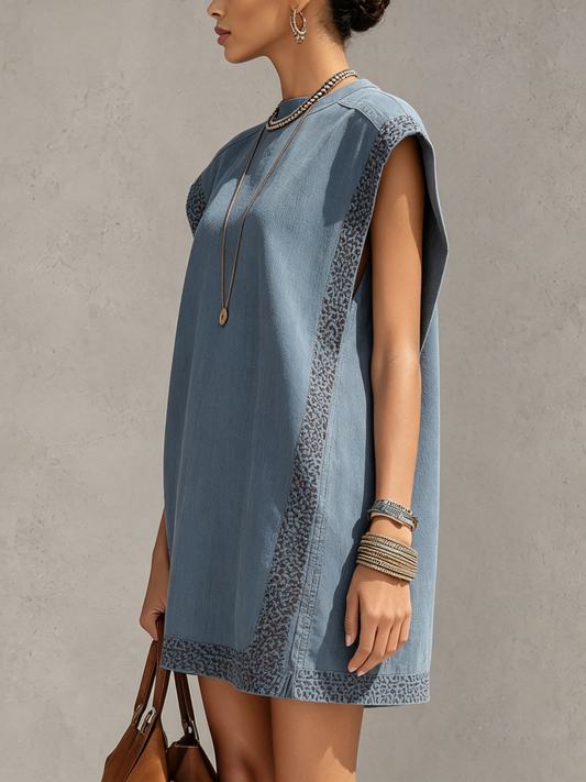 Dusty Blue Hollow-Out Lace Trim Mini Dress