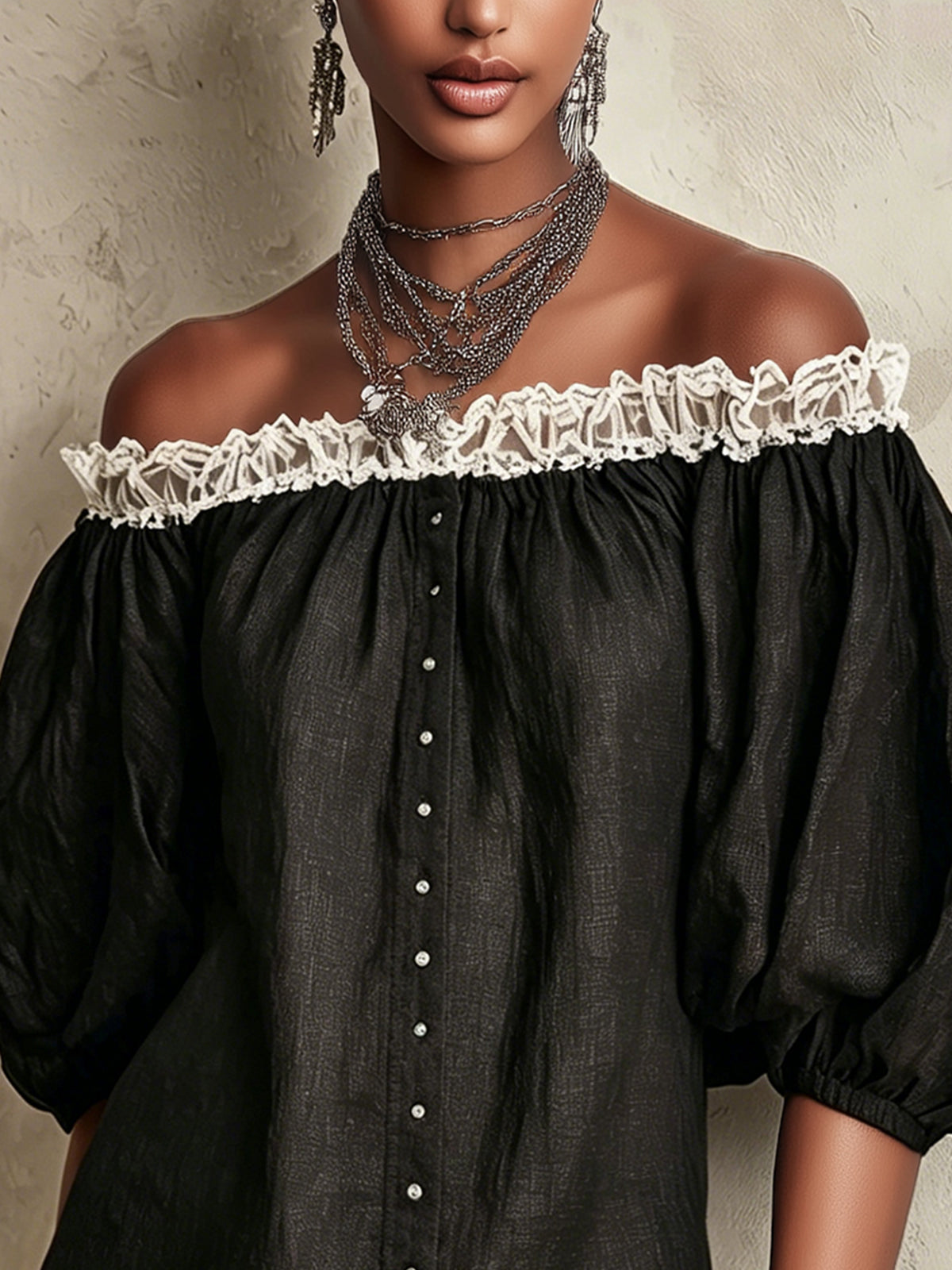 Black Off-Shoulder Mini Dress With Puff Sleeves And Ruffled Trim