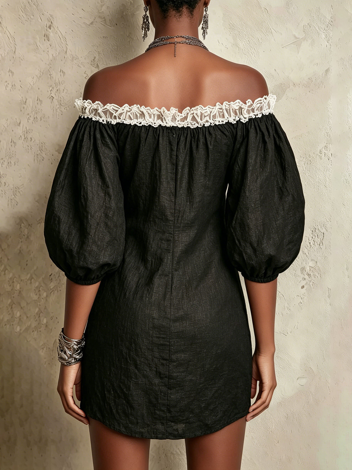 Black Off-Shoulder Mini Dress With Puff Sleeves And Ruffled Trim