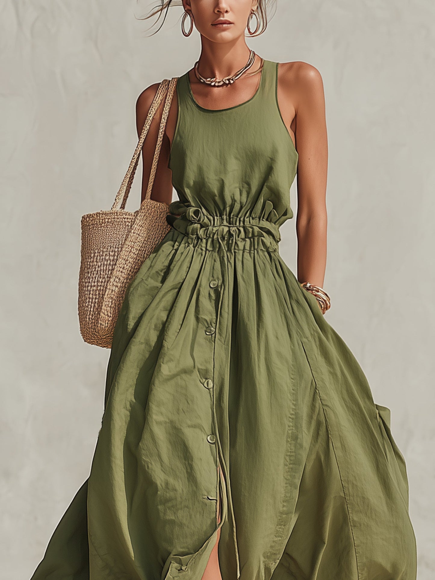 Green Sleeveless Cotton Blend Button Down Maxi Dress
