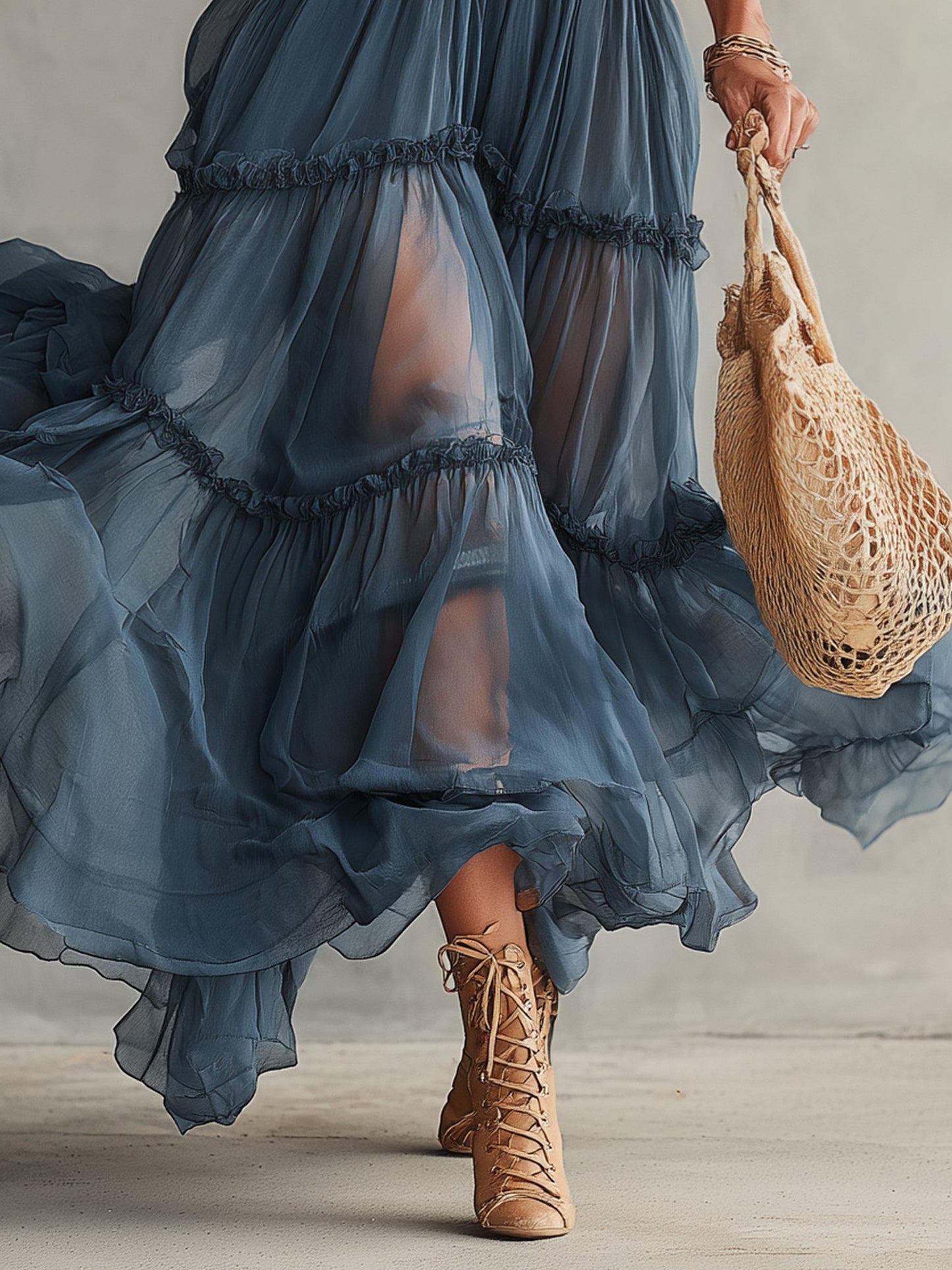 Blue Chiffon Tie Strap Maxi Dress