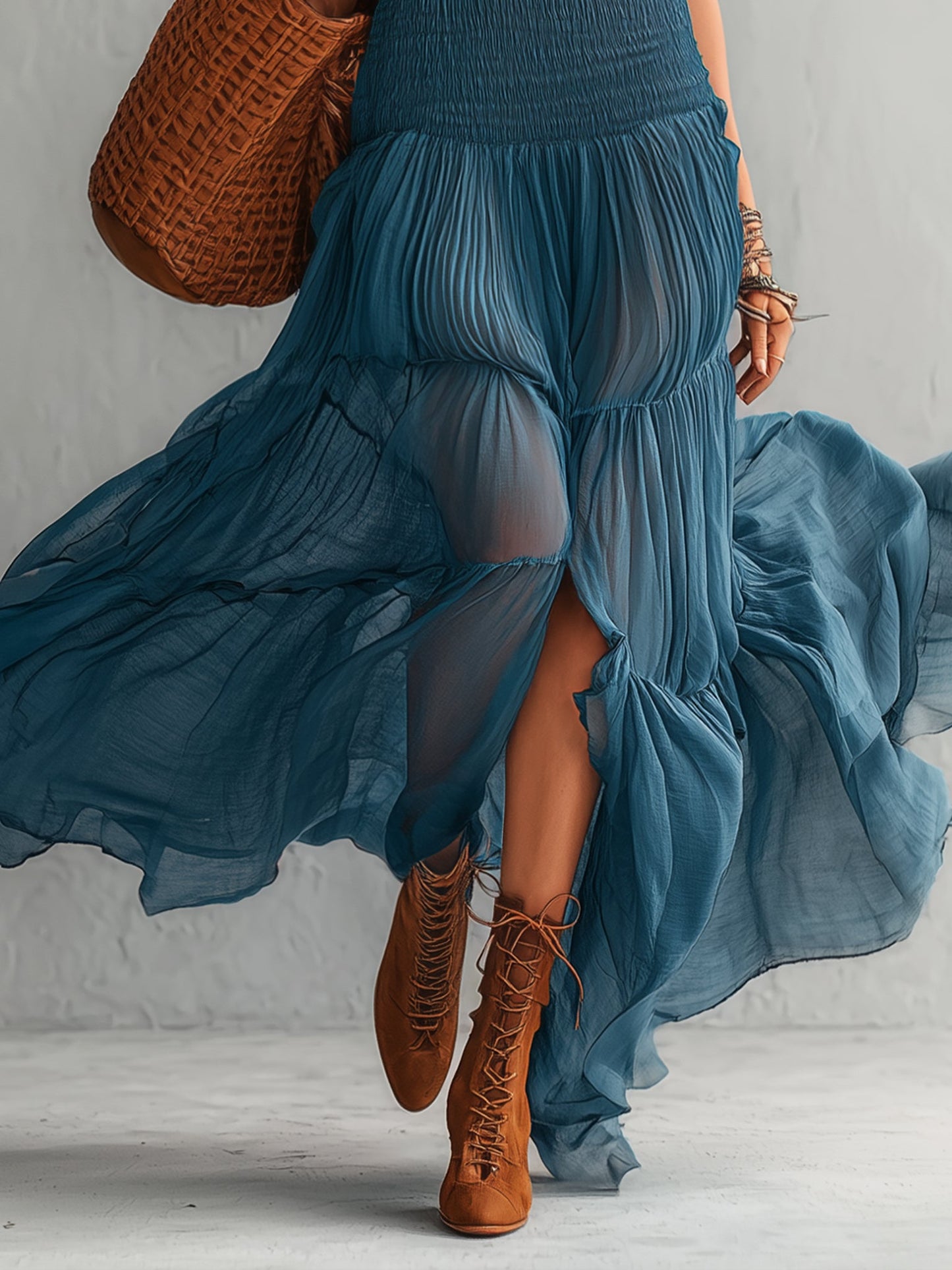 Blue Elastic Chiffon Off Shoulder Maxi Dress