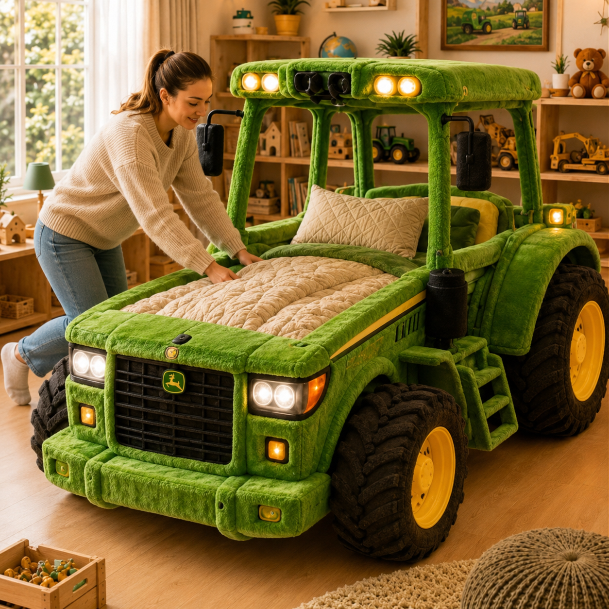 Tractor-Inspired Plush Sleeping Bed
