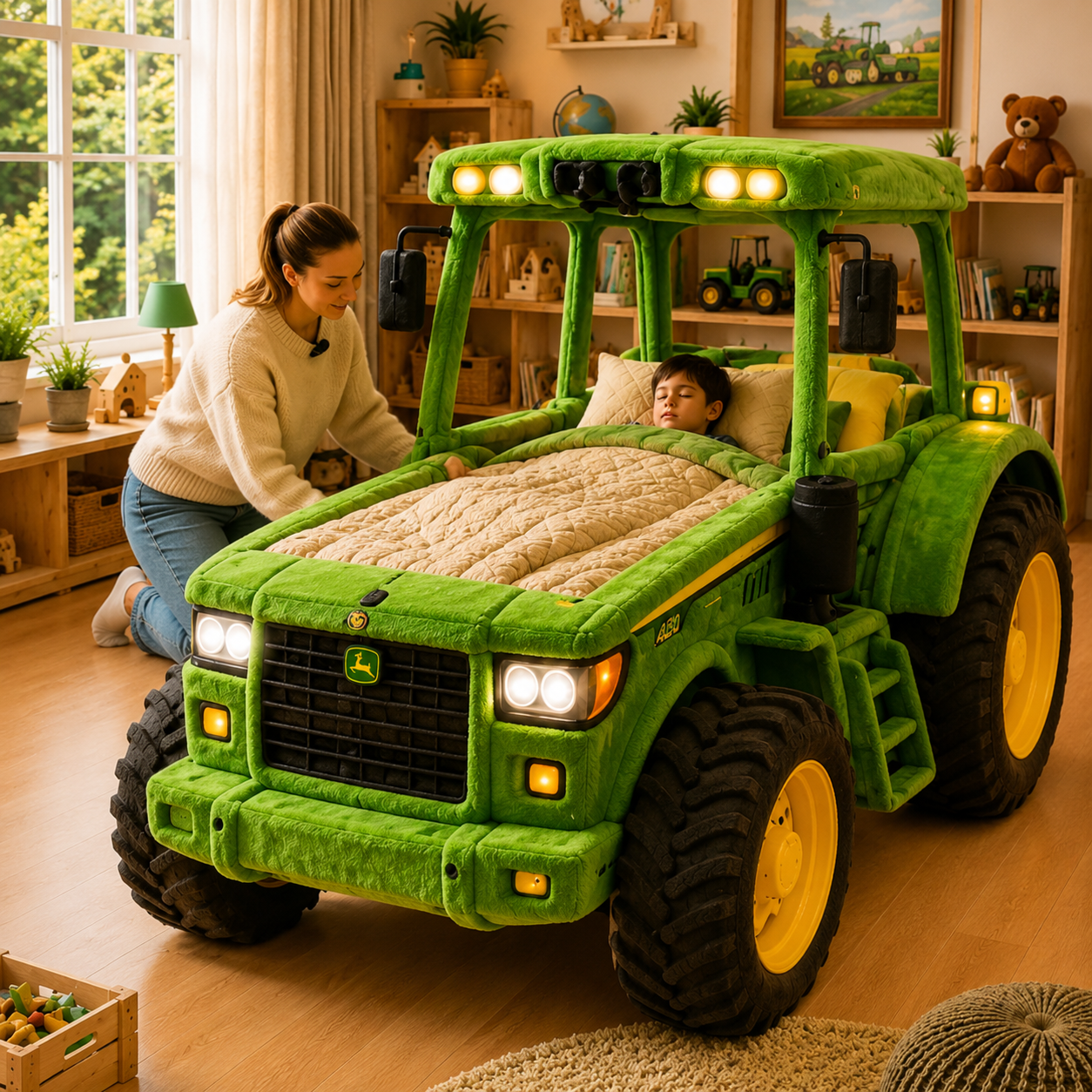 Tractor-Inspired Plush Sleeping Bed