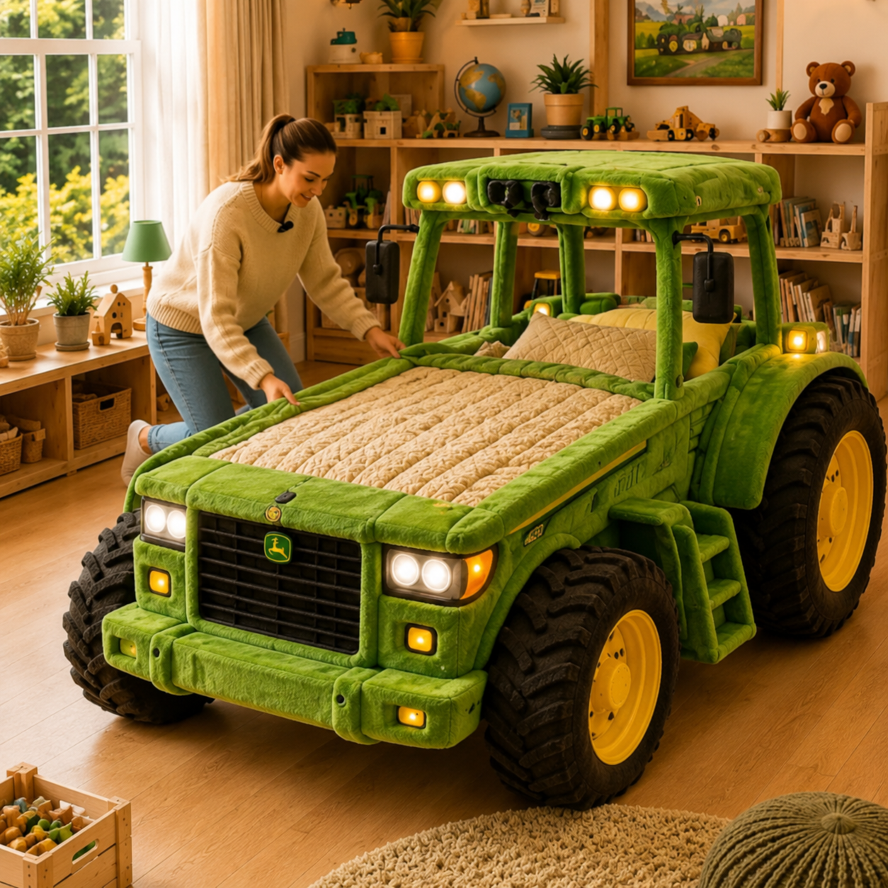 Tractor-Inspired Plush Sleeping Bed