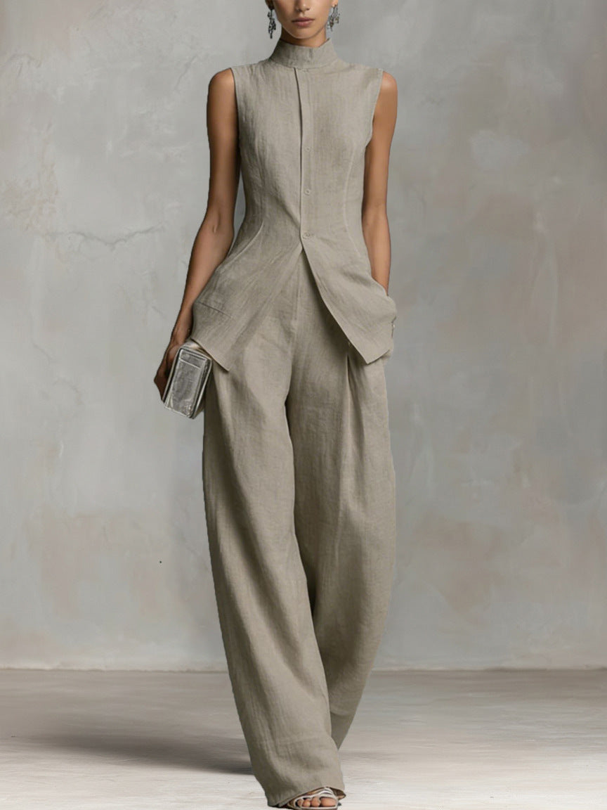 Elegant Sleeveless High-Neck Vest & Wide-Leg Pants Two-Piece Set