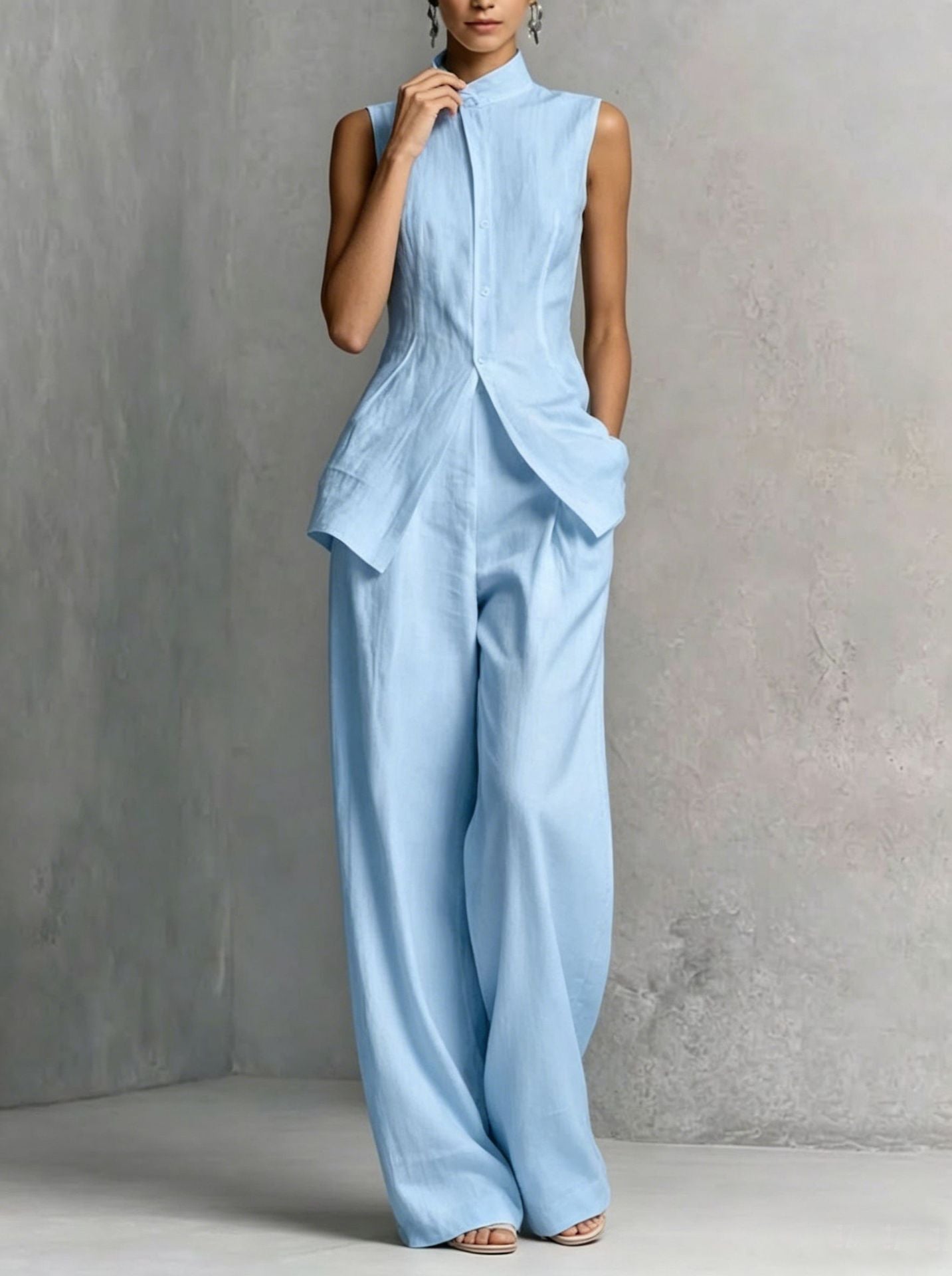Elegant Sleeveless High-Neck Vest & Wide-Leg Pants Two-Piece Set