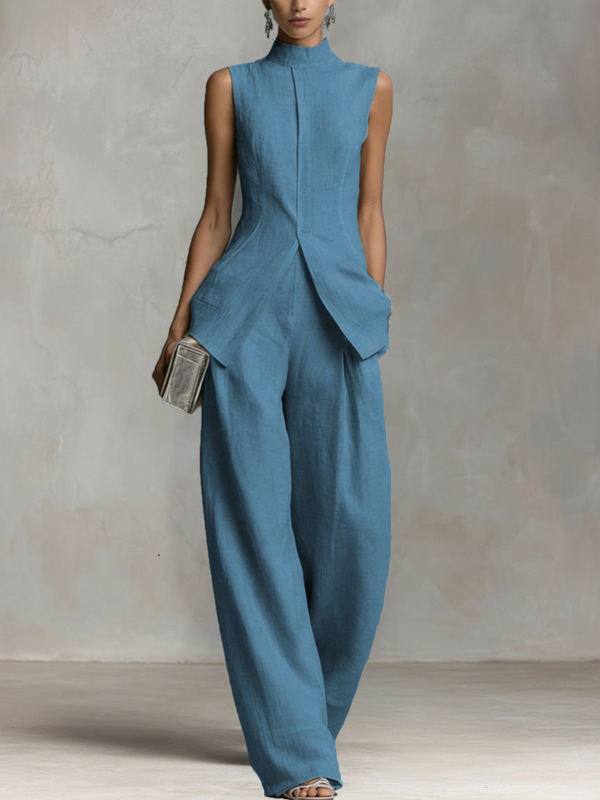 Elegant Sleeveless High-Neck Vest & Wide-Leg Pants Two-Piece Set