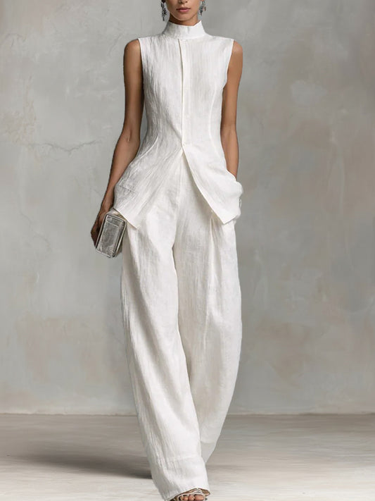 Elegant Sleeveless High-Neck Vest & Wide-Leg Pants Two-Piece Set