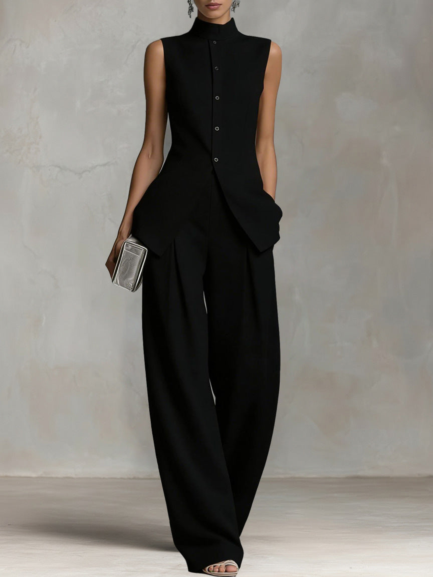 Elegant Sleeveless High-Neck Vest & Wide-Leg Pants Two-Piece Set