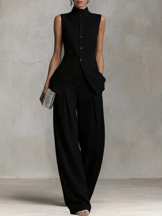 Elegant Sleeveless High-Neck Vest & Wide-Leg Pants Two-Piece Set