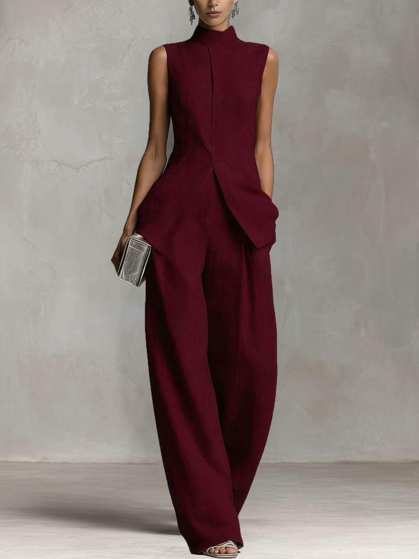 Elegant Sleeveless High-Neck Vest & Wide-Leg Pants Two-Piece Set