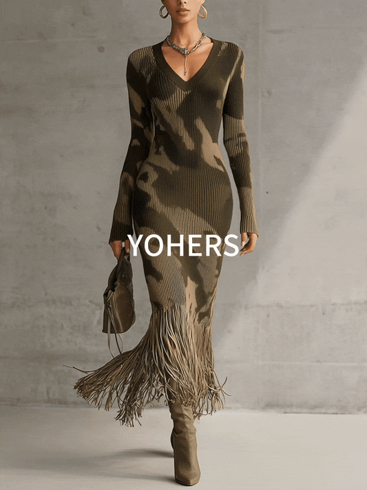 Yohers Olive Camo Knit V-Neck Fringe Hem Bodycon Dress